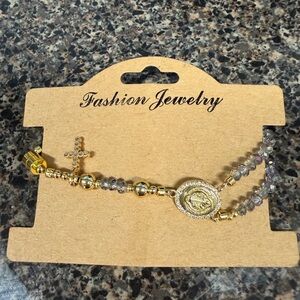 Gold and Silver Beaded Bracelet with Cross Charm and magnet closure